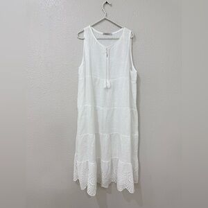 Valentina Naldi White Linen Dress L Made in Italy Boho Tiered Eyelet Midi